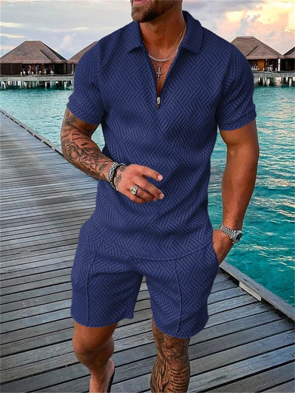 David - Zip Polo Set - Shirt and Shorts for Men - for Spring and Summer